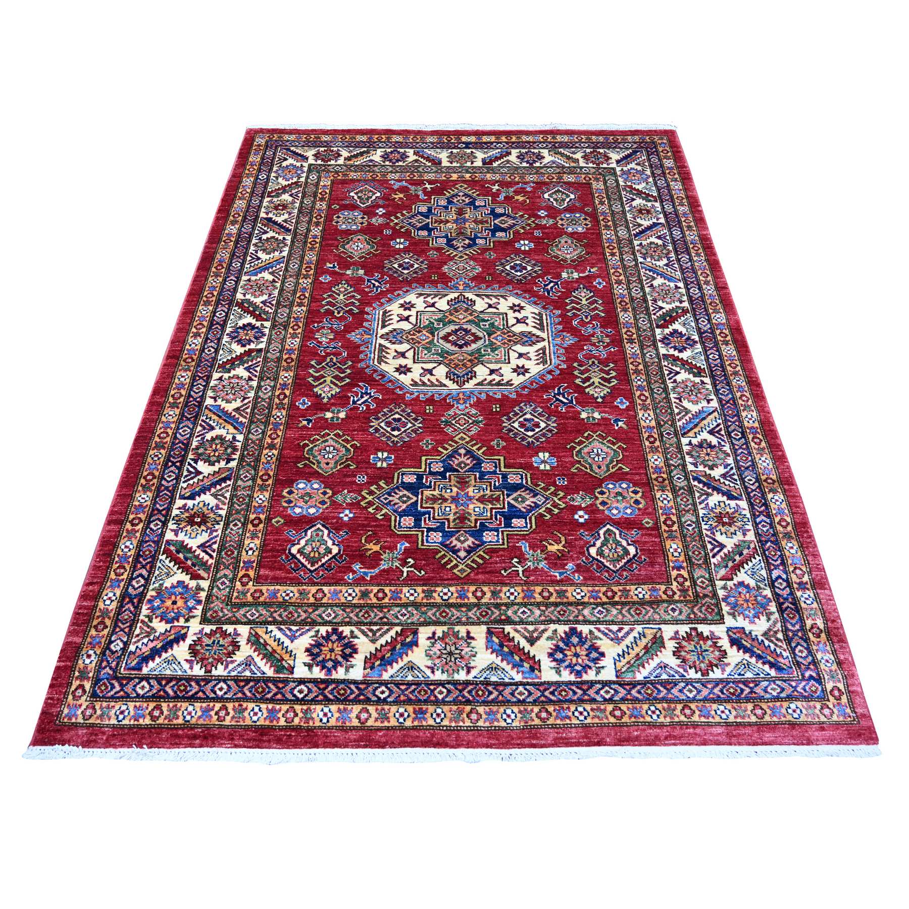 Crimson Red, Afghan Super Kazak with Geometric Medallions Design, Hand Knotted, Soft and Shiny Wool, Vegetable Dyes, Oriental Rug